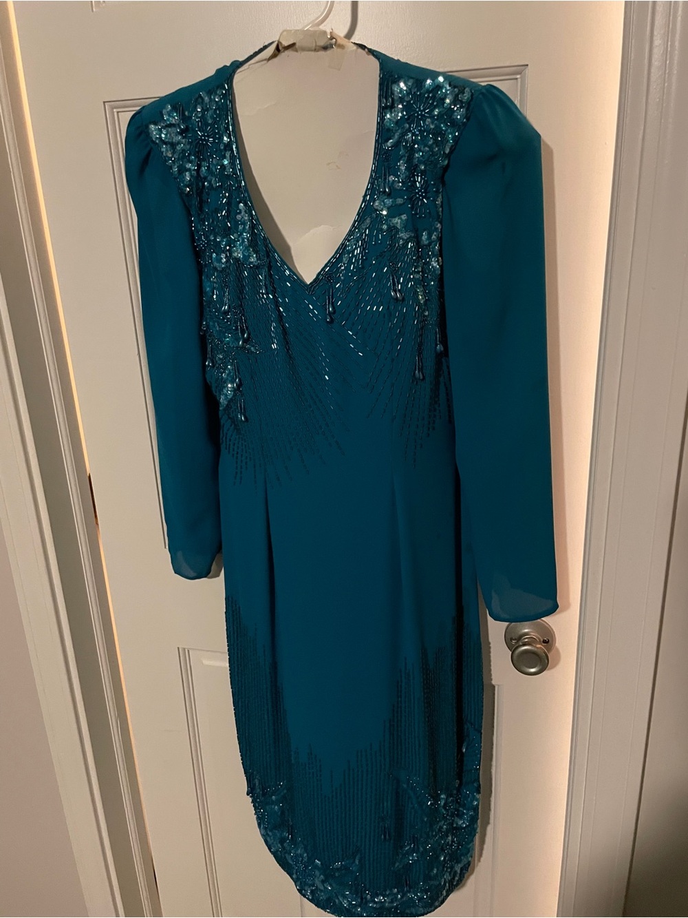 Teal Beaded V-Neck Long Sleeve Women’s Dress